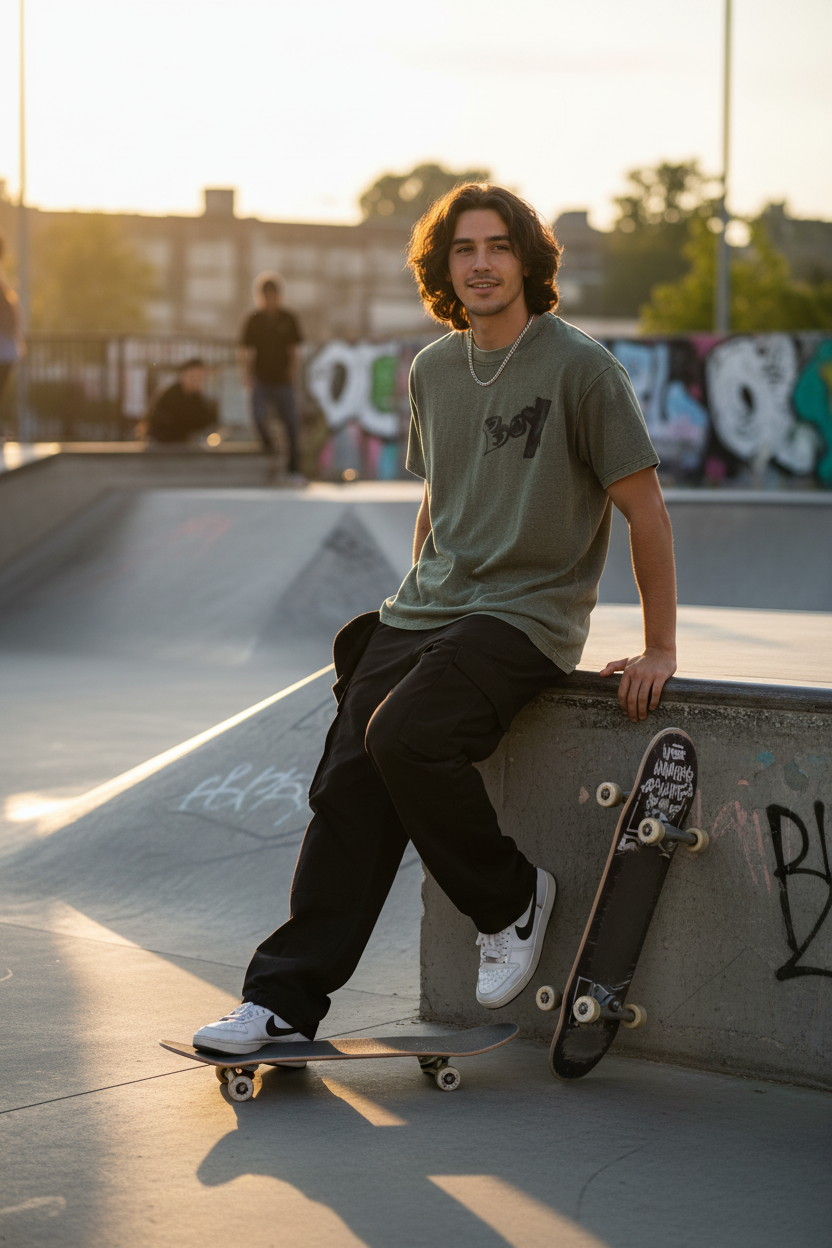 Man wearing army green BOY mineral wash waffle knit t-shirt at a skate park