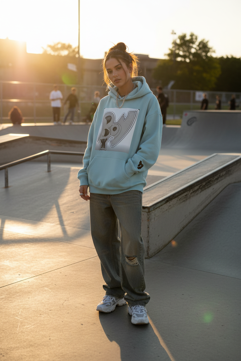 Woman wearing light blue BOY Oversize Fleeced Hoodie at a skate park