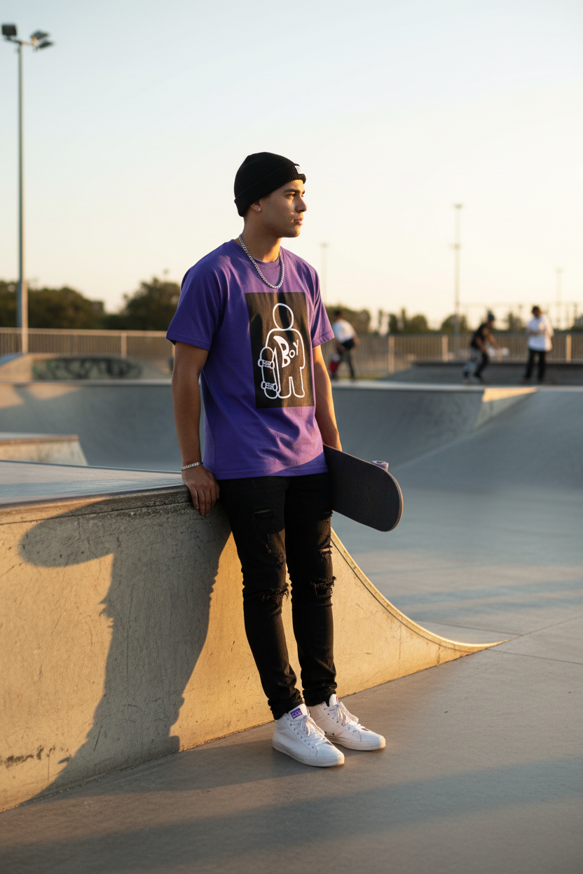 Purple BOY tee skate park lifestyle